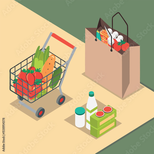 Isometric illustration of grocery shopping with vegetables and groceries