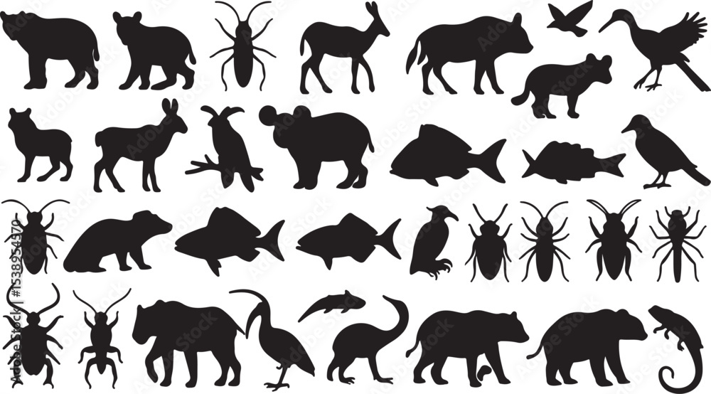Obraz premium Wild animal silhouettes vector collection: a set of black wildlife illustrations including elephant, lion, tiger, bear, wolf, deer, horse, dog, cat, cow, and goat icons