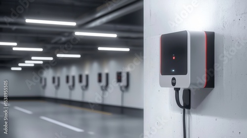 Electric vehicle charging stations in a modern underground parking garage during early evening hours