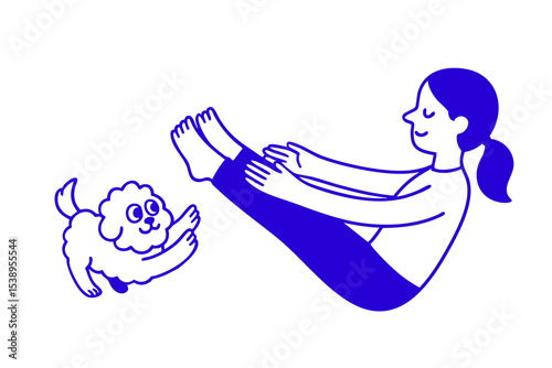 Woman and Dog in Boat Yoga Pose, 