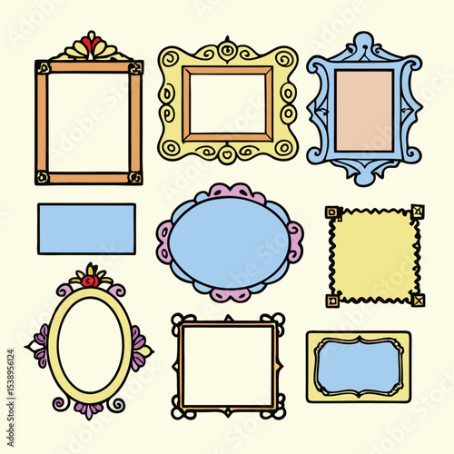 Collection of Nine Pastel Colored Ornate Decorative Frames Empty Picture Frames Vintage Style Illustration
