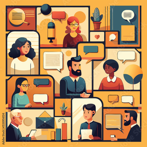 Diverse Group of People Communicating via Speech Bubbles in a Flat Style Illustration with Warm Color Palette
