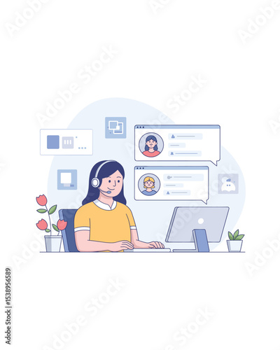 Woman working at computer with headset, online chat and communication concept.