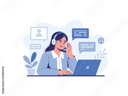 Customer Service Representative with Headset Providing Support Online via Laptop