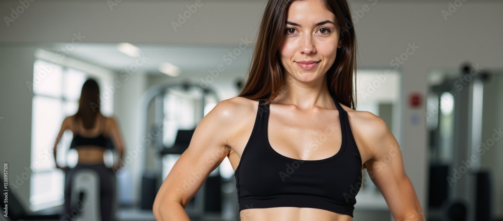 Fototapeta premium Young Woman Exudes Focused Determination in Gym Black Sports Bra Leggings