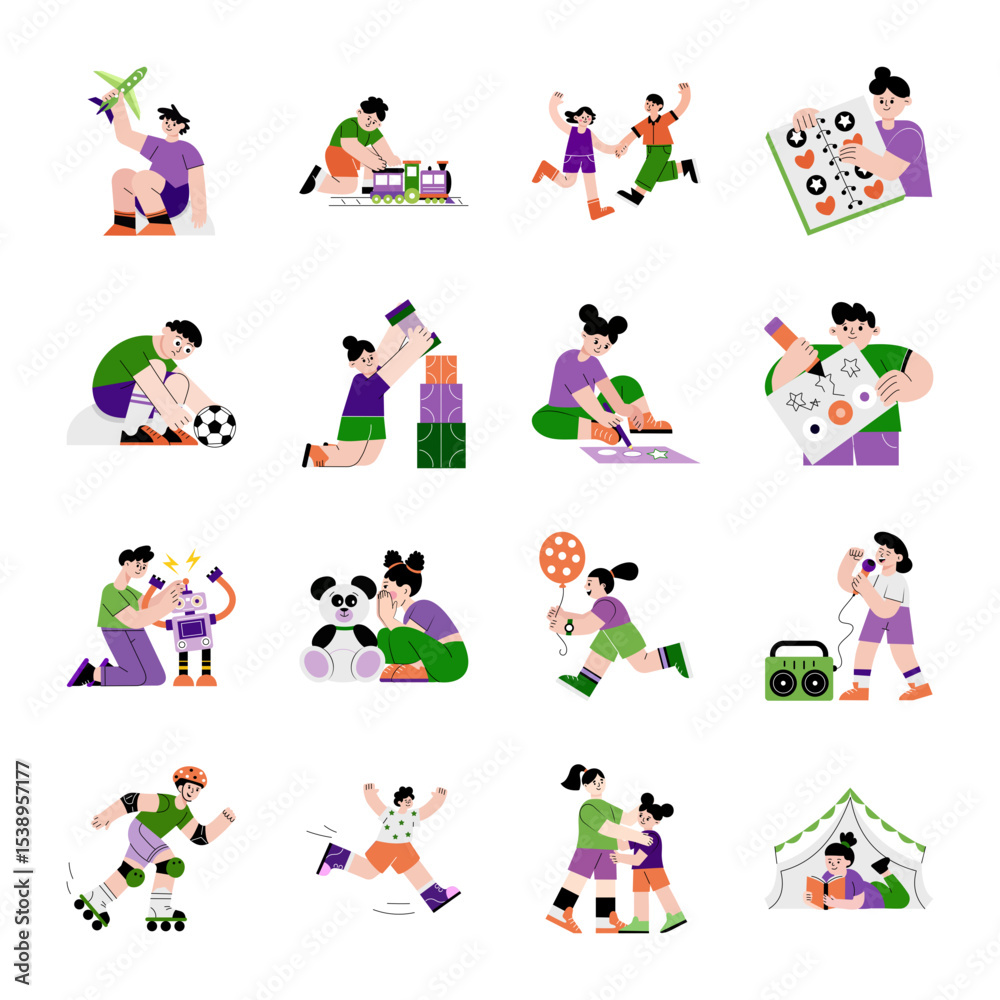 Fototapeta premium Pack of Teenagers Playing Flat Style Illustrations