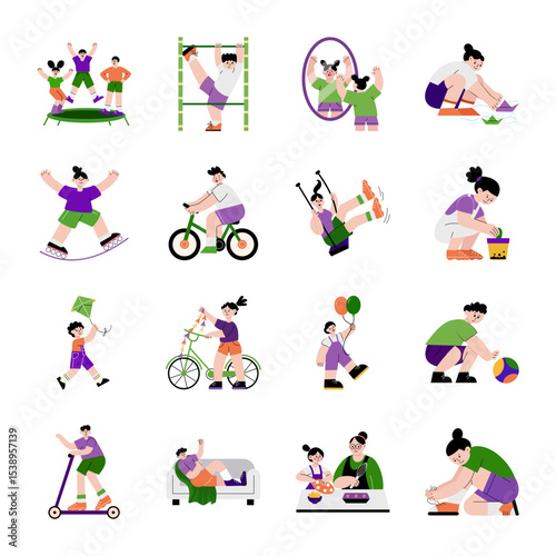 Set of Kids Playing Flat Style Illustrations 

