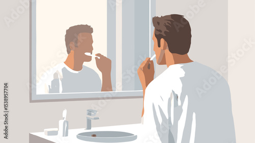 Man brushing teeth in front of mirror in bright bathroom healthy lifestyle