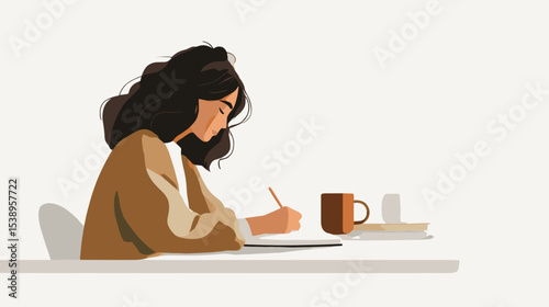 Woman writing in notebook with coffee cup at table healthy lifestyle