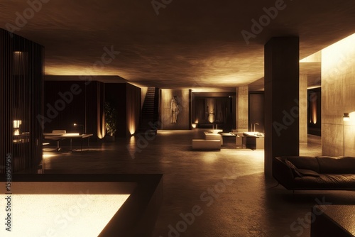 Dark, spacious interior with warm lighting, concrete pillars, low furniture, and a recessed pool