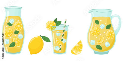 Homemade lemonade vector illustration. Lemonade in various dishes and lemons.