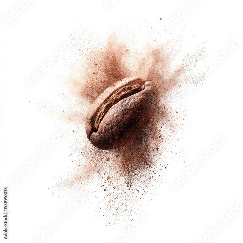 A single coffee bean explodes into a cloud of brown dust against a stark white background