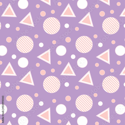 Seamless Geometric Pattern with Triangles, Circles, and Dots on Purple Background