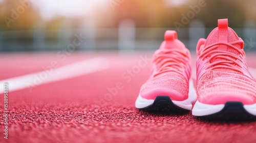 Stylish pink running shoes on a track ready for a workout at dawn