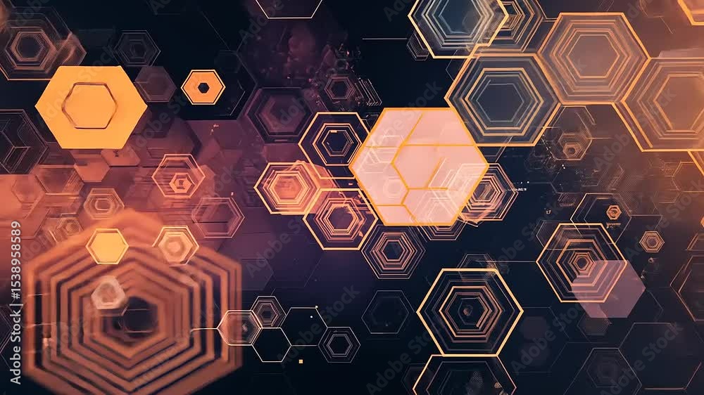 Abstract geometric pattern featuring hexagonal shapes in warm colors against a dark background