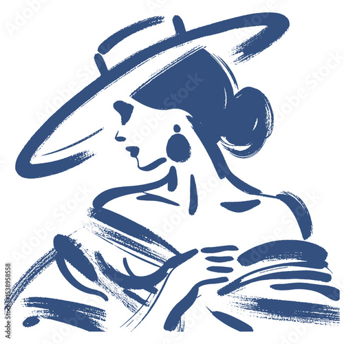 Woman with hat and shawl, expressive brush style, vector illustration

