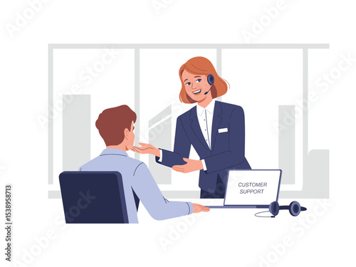 Friendly Customer Support Representative Helping Client with Technical Support on Laptop