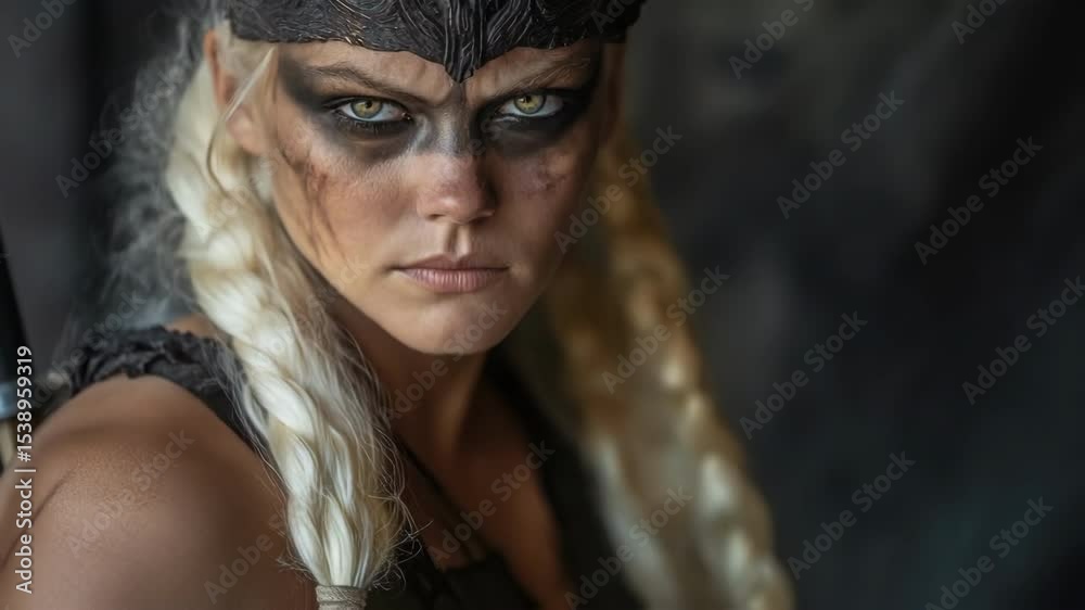 Powerful viking woman with intense gaze, wearing elaborate headdress and dark war paint, stares directly at the viewer, exuding strength and determination
