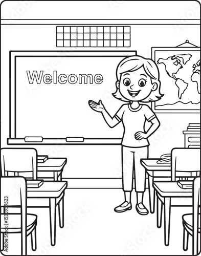 Teacher teaching in the classroom with students vector line art illustration coloring page for kids