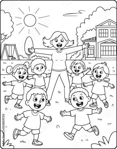 Teacher playing in the ground with students vector line art illustration coloring page for kids