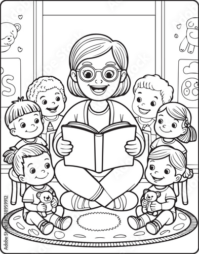 Teacher teaching in the classroom with students vector line art illustration coloring page for kids