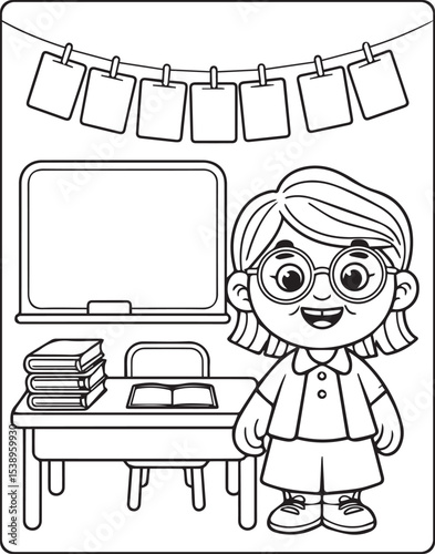 Teacher teaching in the classroom with students vector line art illustration coloring page for kids