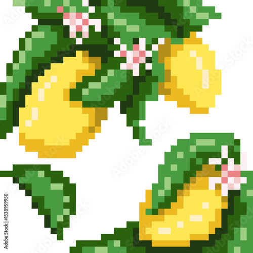 pixel art lemon of yellow lemons hanging from a tree. design for all business