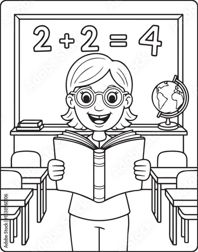 Teacher teaching in the classroom with students vector line art illustration coloring page for kids