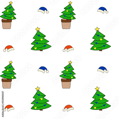 Seamless vector pattern with potted and plain Christmas trees, red and blue Santa hats, and festive heart decorations on a white background. Cheerful and modern design for winter holidays and children