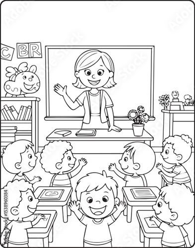 Teacher teaching in the classroom with students vector line art illustration coloring page for kids