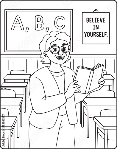 Teacher teaching in the classroom with students vector line art illustration coloring page for kids