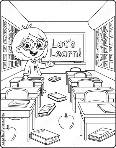 Teacher teaching in the classroom with students vector line art illustration coloring page for kids
