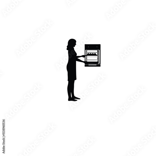 woman baking cake in oven silhouette on white background