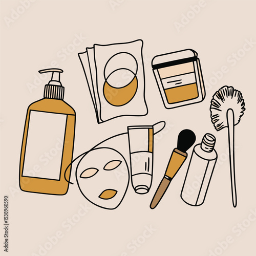 Minimalist line art skincare products for beauty routine vector