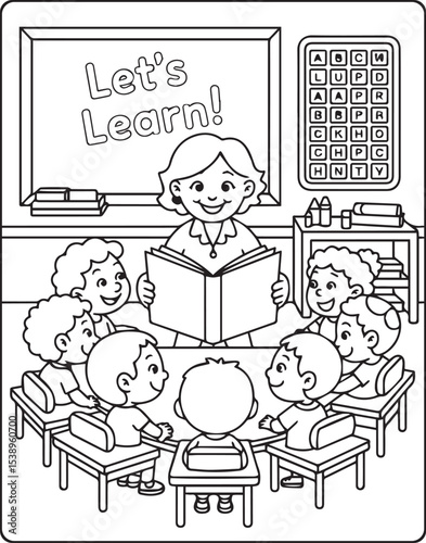 Teacher teaching in the classroom with students vector line art illustration coloring page for kids