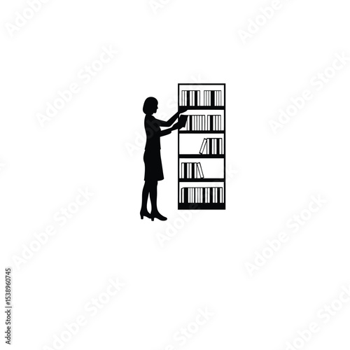 woman arranging books on shelf silhouette on white background