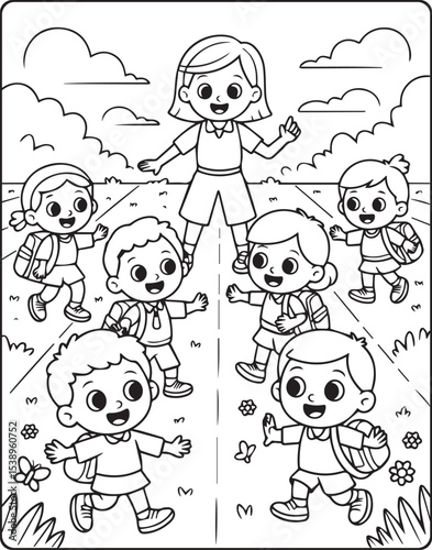 Teacher playing in the ground with students vector line art illustration coloring page for kids