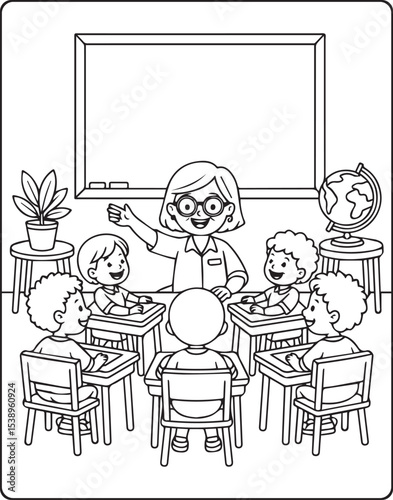 Teacher teaching in the classroom with students vector line art illustration coloring page for kids