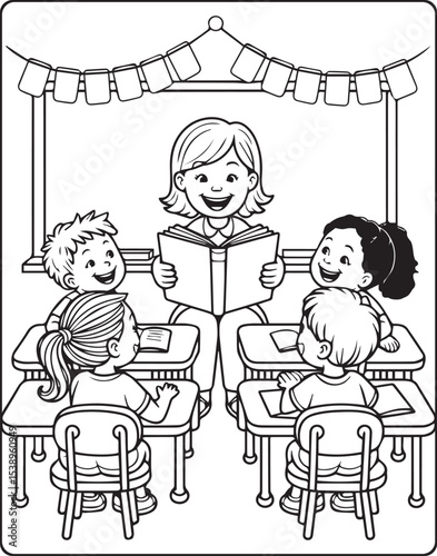 Teacher teaching in the classroom with students vector line art illustration coloring page for kids