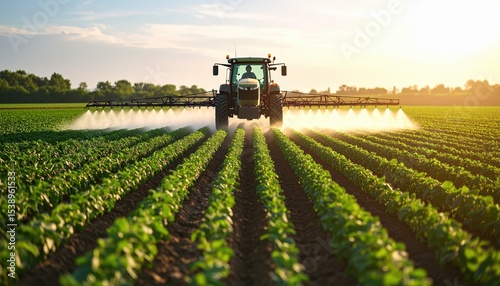 Tractor Spraying Crops in a Lush Green Field at Sunset Agricultural Farming Scene
