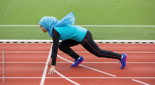 Muslim female athlete in modest sportswear and hijab prepares to sprint on stadium track, symbolizing empowerment and focus.