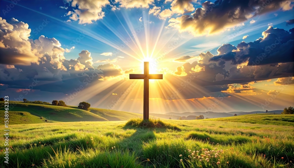 Obraz premium Majestic Wooden Cross at Sunset in a Serene Green Field with Sun Rays
