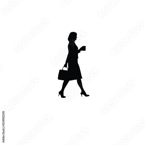 woman holding coffee cup walking silhouette on white background