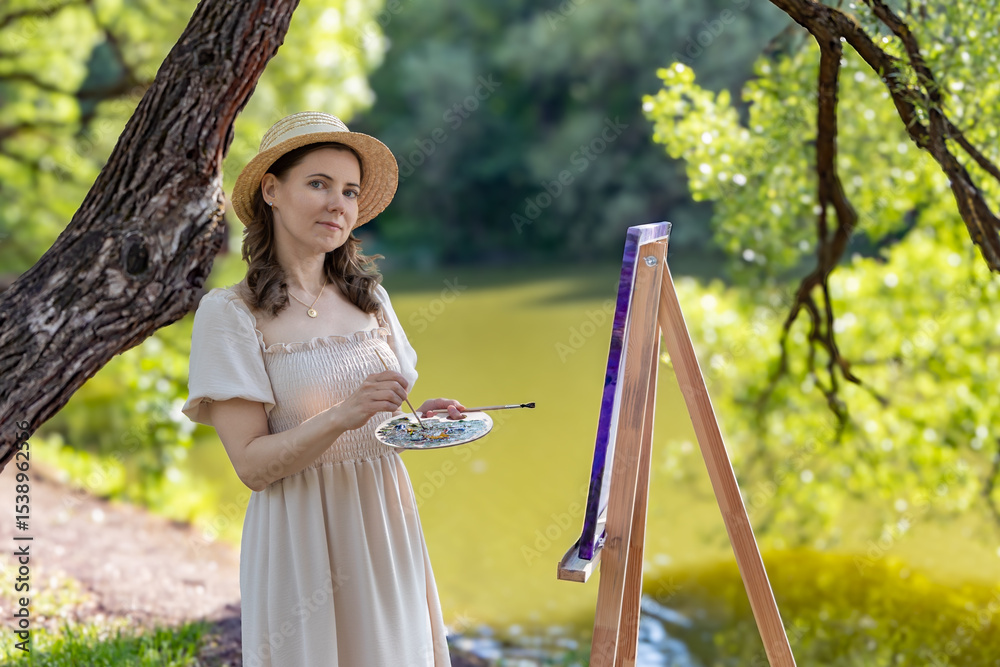 Obraz premium A female artist in a light dress and a straw hat, standing at an easel with a palette in her hands. It is set against a picturesque landscape with a lake and trees.