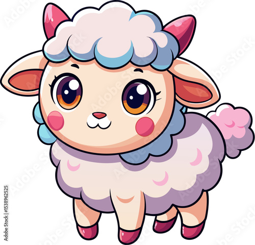 Cute cartoon lamb with big eyes and colorful wool in kawaii chibi art