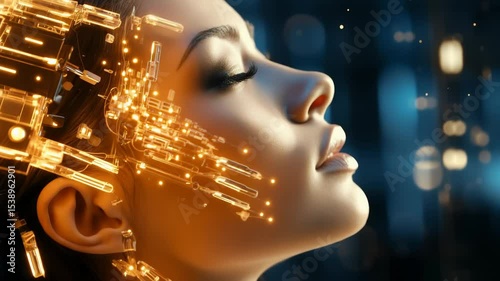 Futuristic woman with virtual interface in digital technology concept