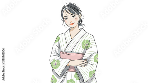 Illustration of woman wearing traditional japanese kimono with calm expression and folded arms
