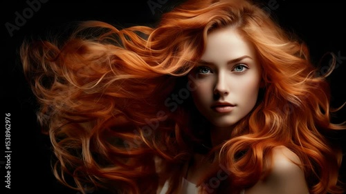 Dynamic movement of redhaired woman with flowing hair in studio lighting. Hairstyle, hair, beaty, fashion.