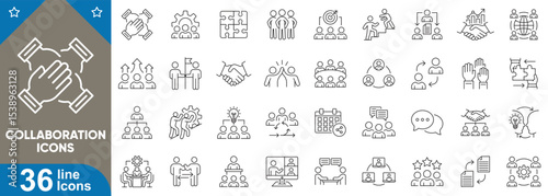 Collaboration icons set. 36 editable stroke line icons representing partnership, communication, remote work, idea sharing, project management, group support, team and more. Vector illustration