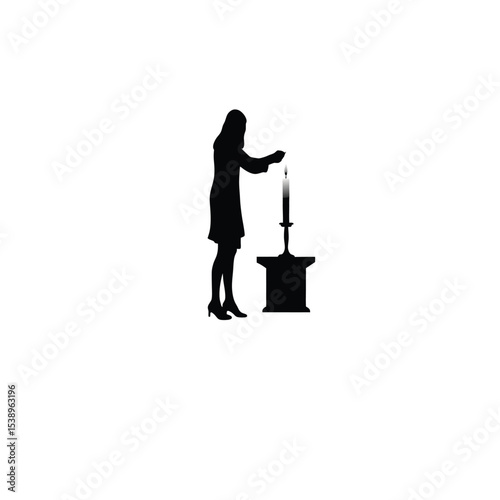 woman lighting candle silhouette on white background